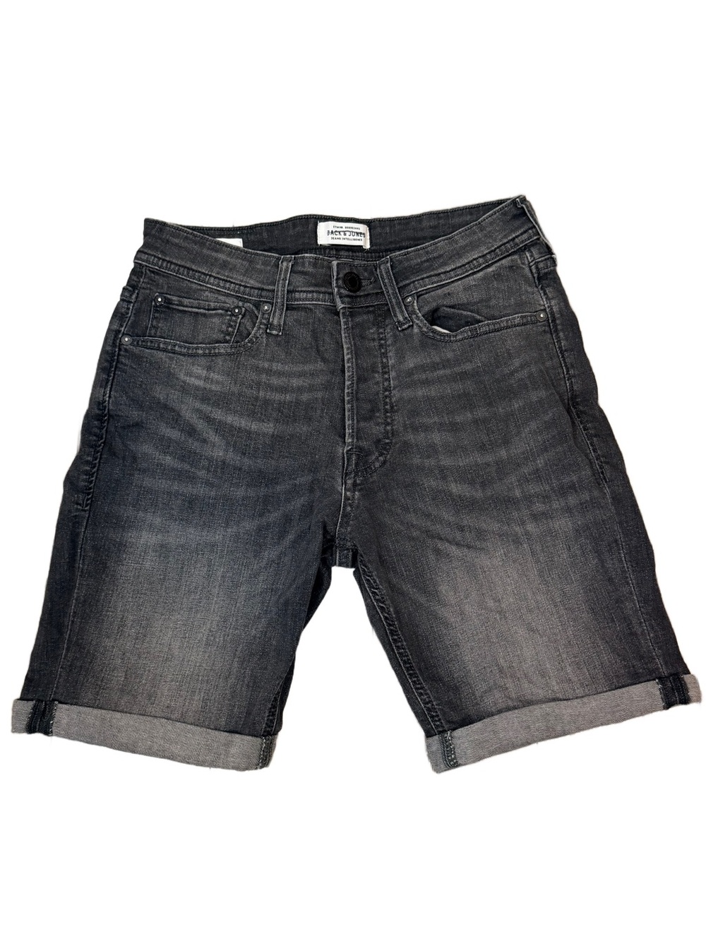 Jack & Jones Men's Regular Fit Denim Roll Shorts XS Black Washed Button Fly